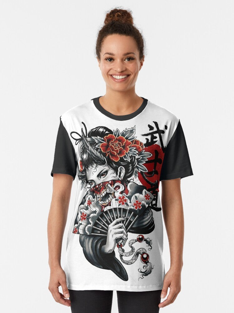 Geisha Vaporwave Cyberpunk Graphic T-Shirt with Japanese Pop Art and Urban Style Design - Women