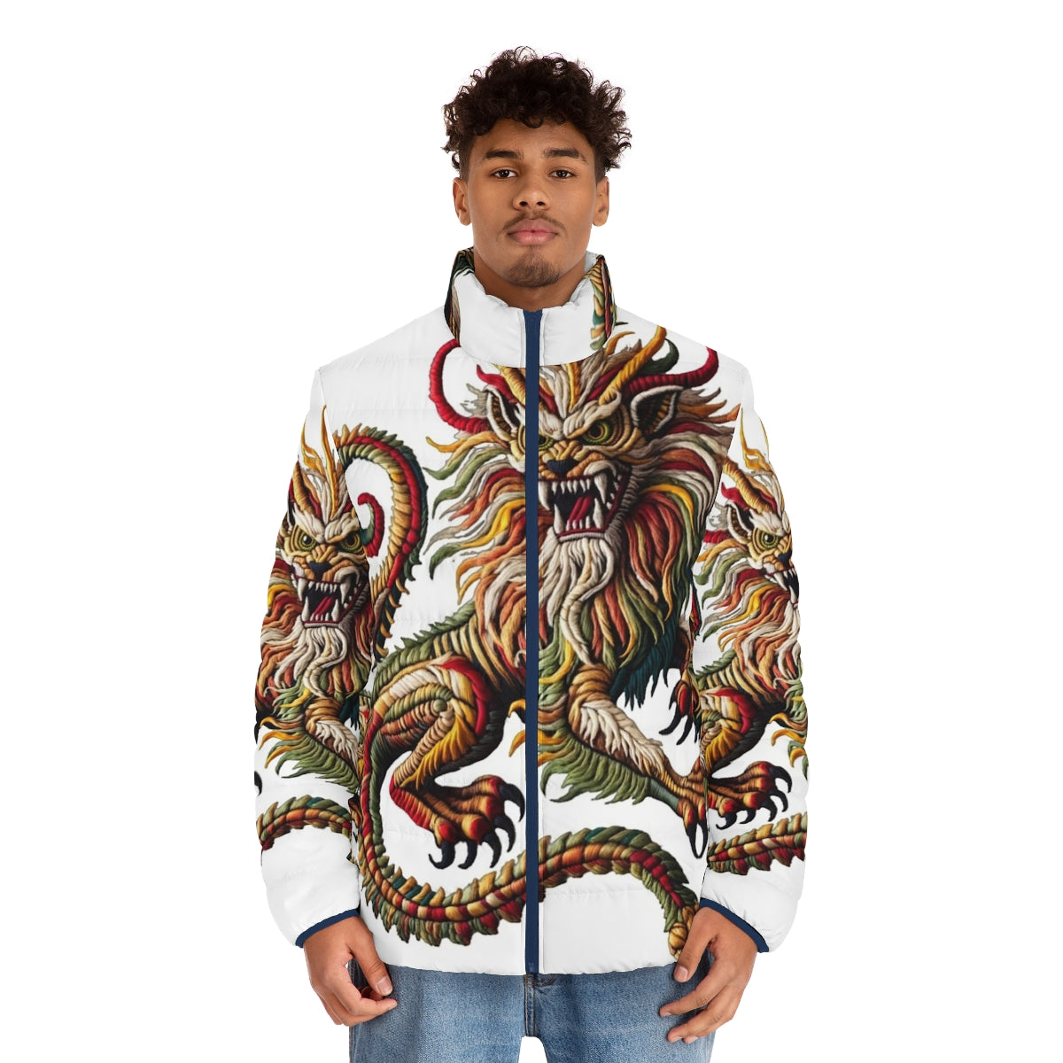 Manticore puffer jacket with embroidered fantasy animal design - men front