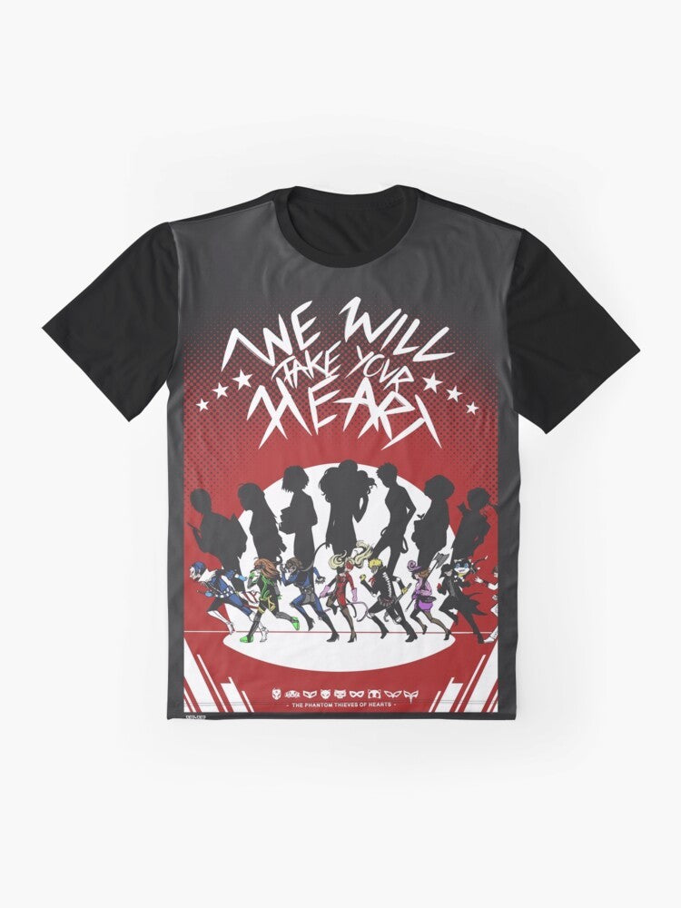 Persona 5 Joker Graphic T-Shirt featuring the Phantom Thieves logo and text "We Will Take Your Heart" - Flat lay