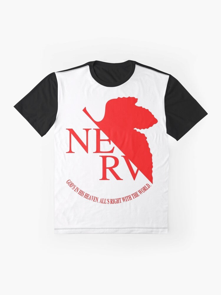 Nerv Logo Neon Genesis Evangelion Graphic T-Shirt featuring characters Asuka Langley, Shinji Ikari, and Rei Ayanami - Flat lay