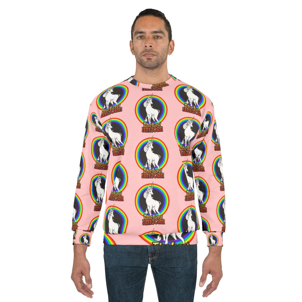 The Last Unicorn rainbow sweatshirt with a white unicorn and rainbow design - men