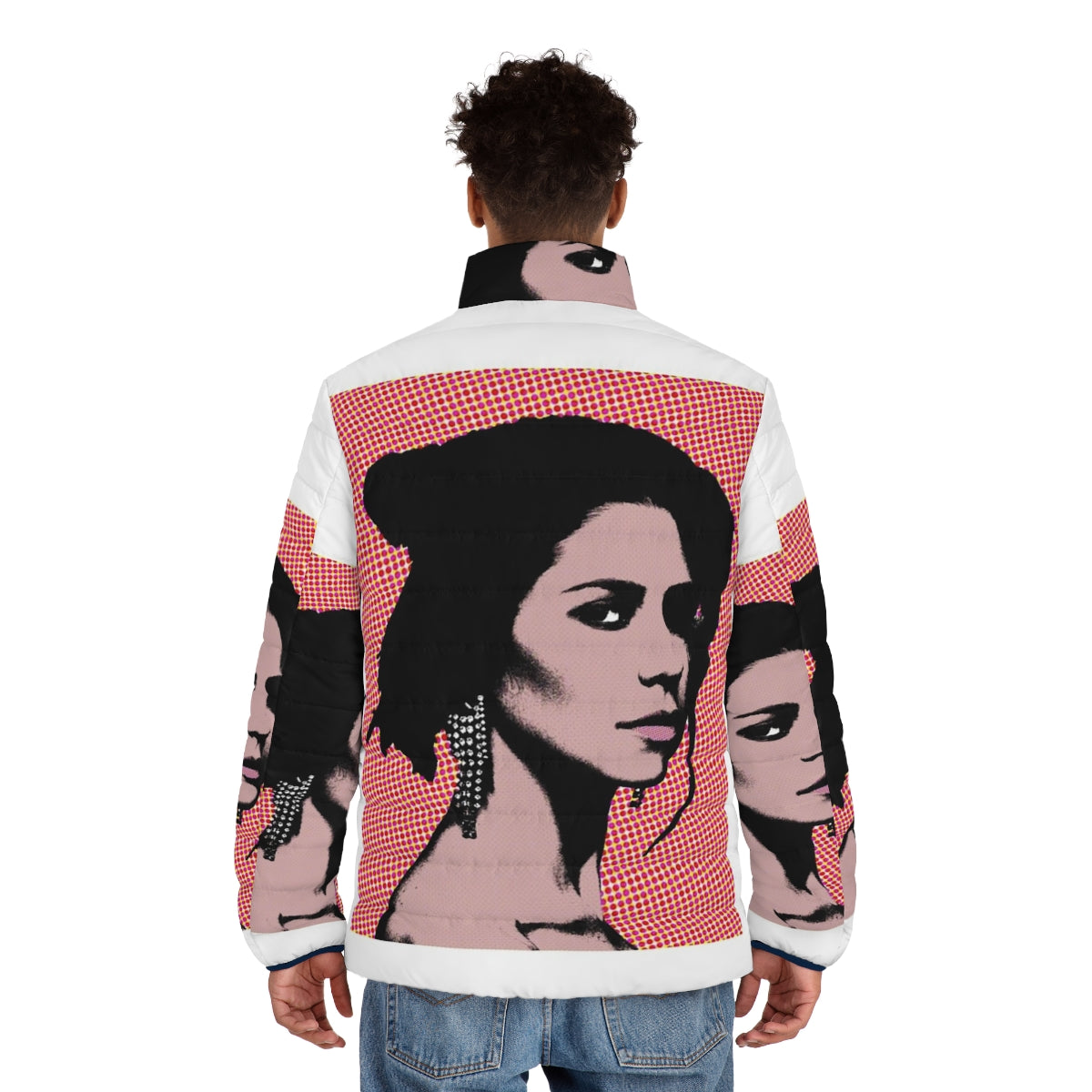 Vibrant marina pop art puffer jacket with electra heart and love and fear design - men back