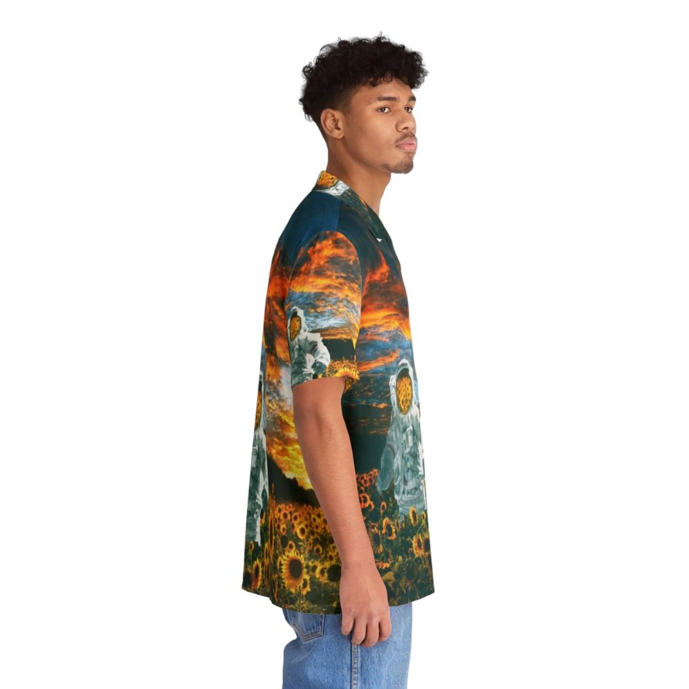 Astronaut in a galaxy Hawaiian shirt with sunflowers and a spaceship - People Pight