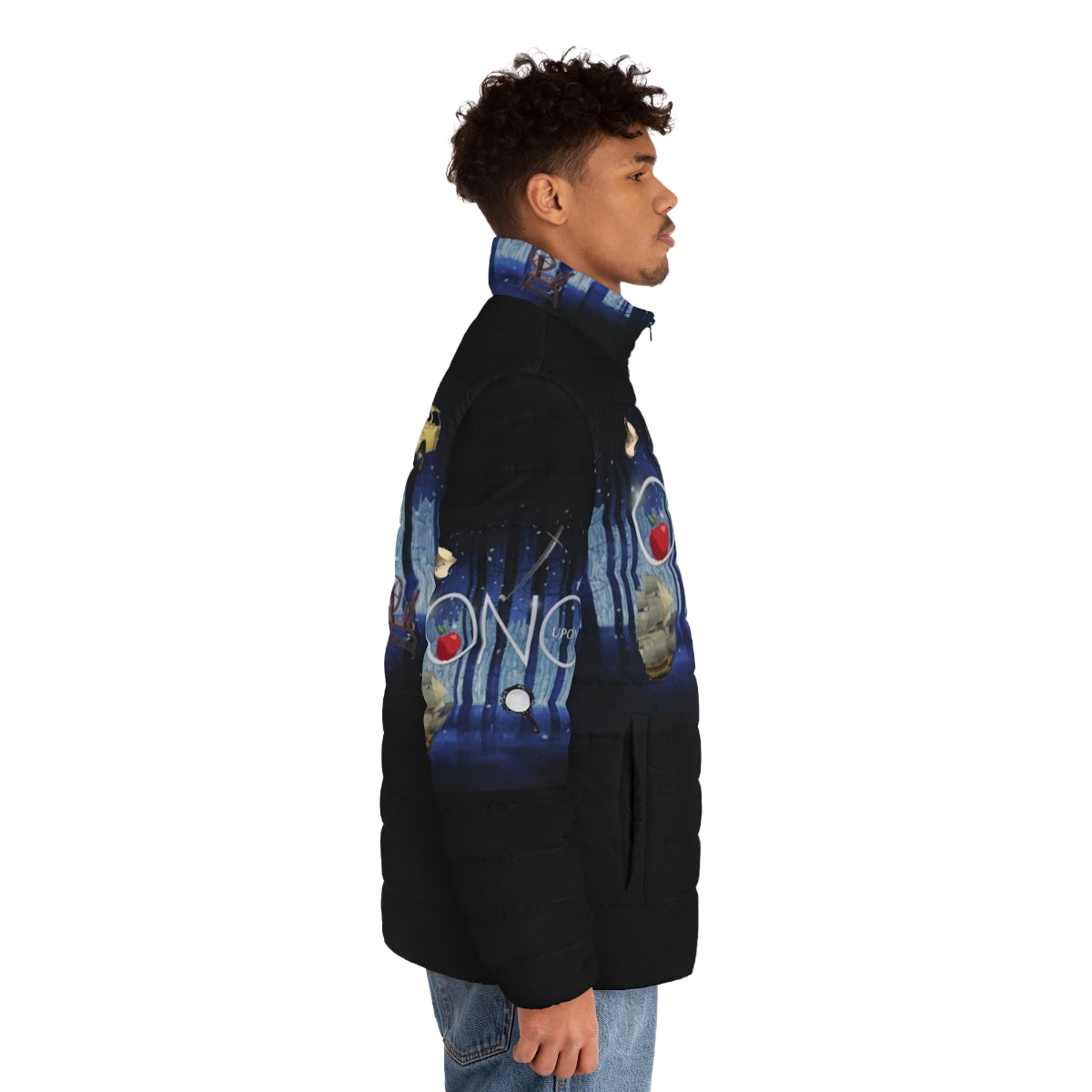 Once Upon A Time Puffer Jacket with Fairy Tale Inspired Design - men side right