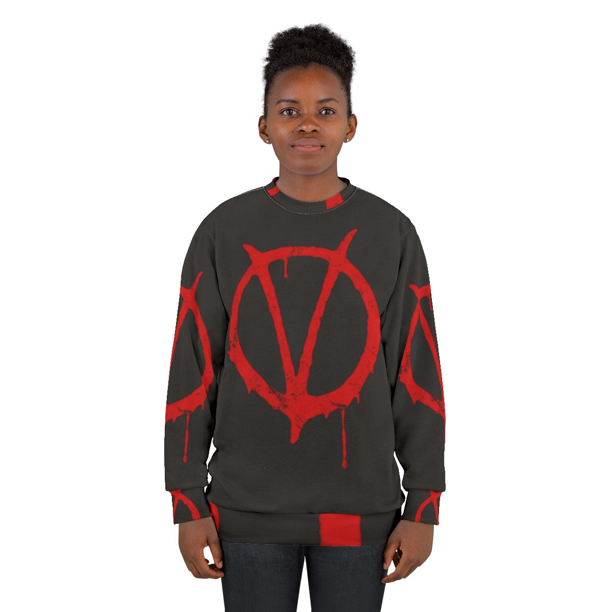 Vintage V for Vendetta symbol graphic on black sweatshirt - women