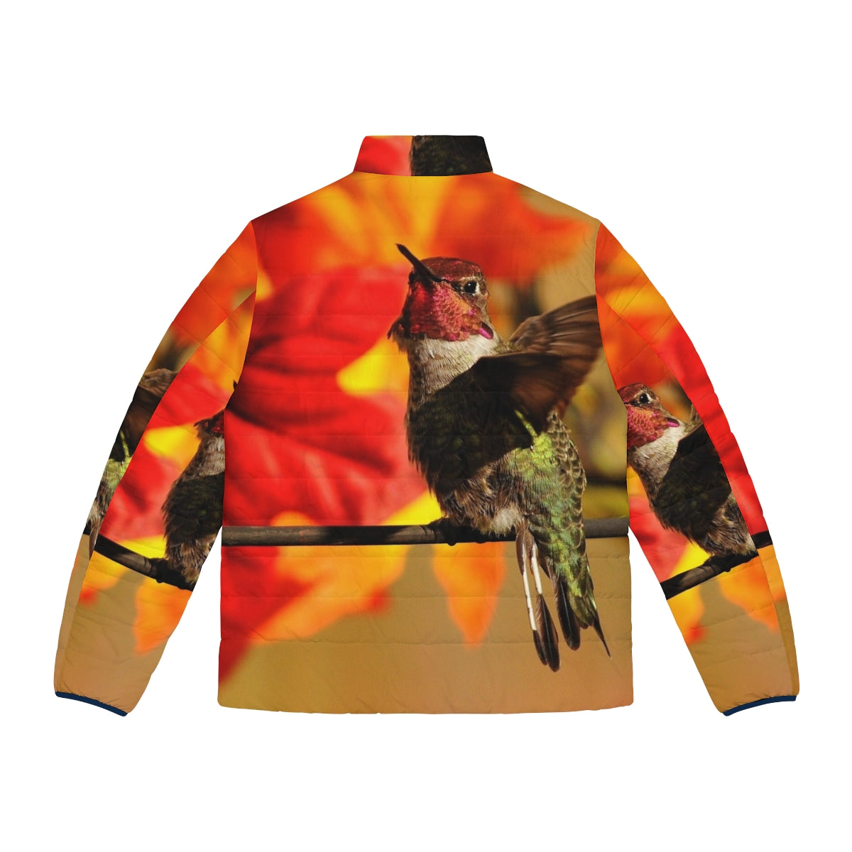 Woman wearing a puffer jacket with a hummingbird print design - Back