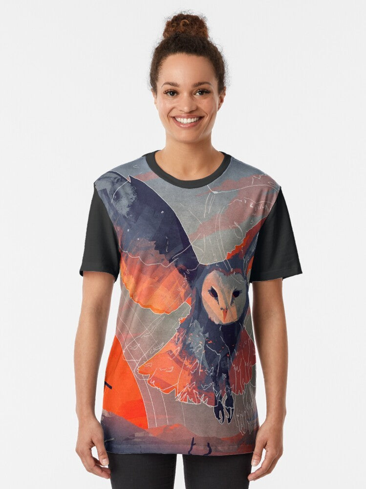 Stylized graphic t-shirt design featuring an owl hunter in a natural landscape. - Women