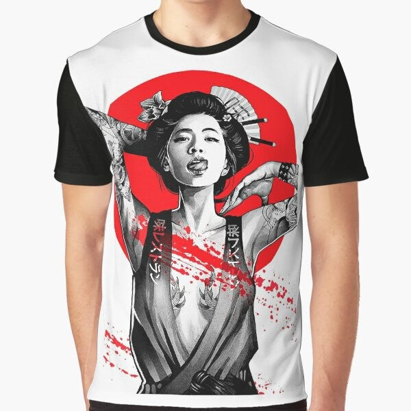 A vibrant and futuristic graphic t-shirt featuring a Japanese-inspired vaporwave design with neon colors, cyberpunk elements, and an urban aesthetic.