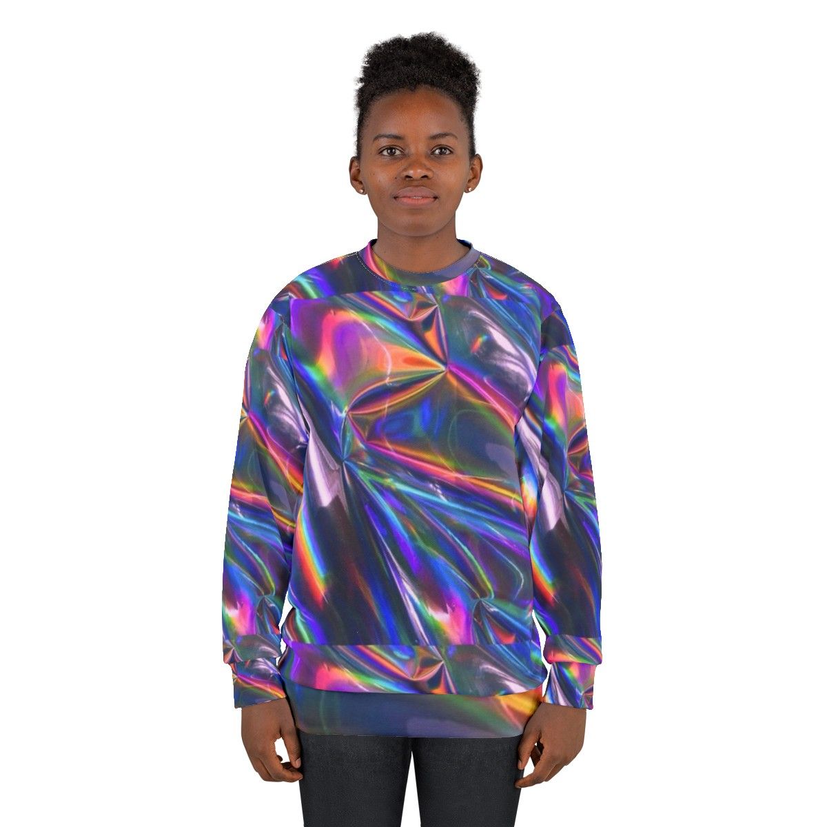 Holographic material sweatshirt with shiny, iridescent texture - women