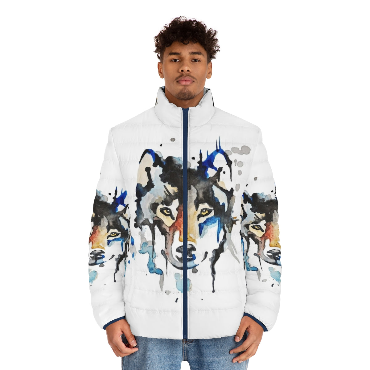 Watercolor wolf puffer jacket with abstract art design - men front