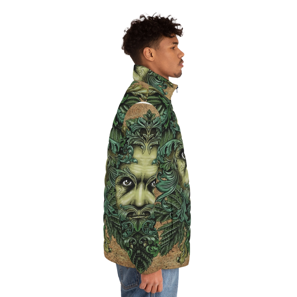 Green Man puffer jacket with ornate leaf and scroll design - men side right