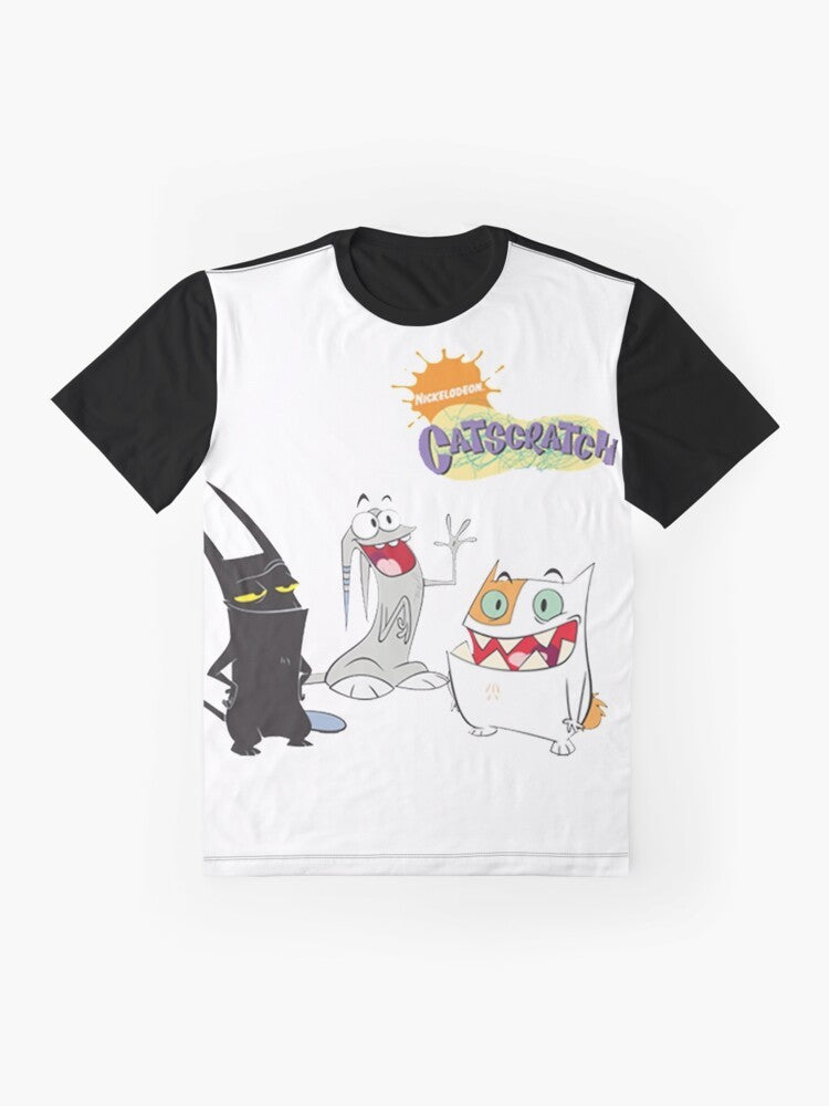 Catscratch cartoon character t-shirt featuring a graphic design with a cat and the show's title - Flat lay