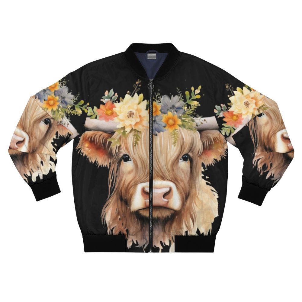 Cute highland baby cow wearing a bomber jacket with flowers