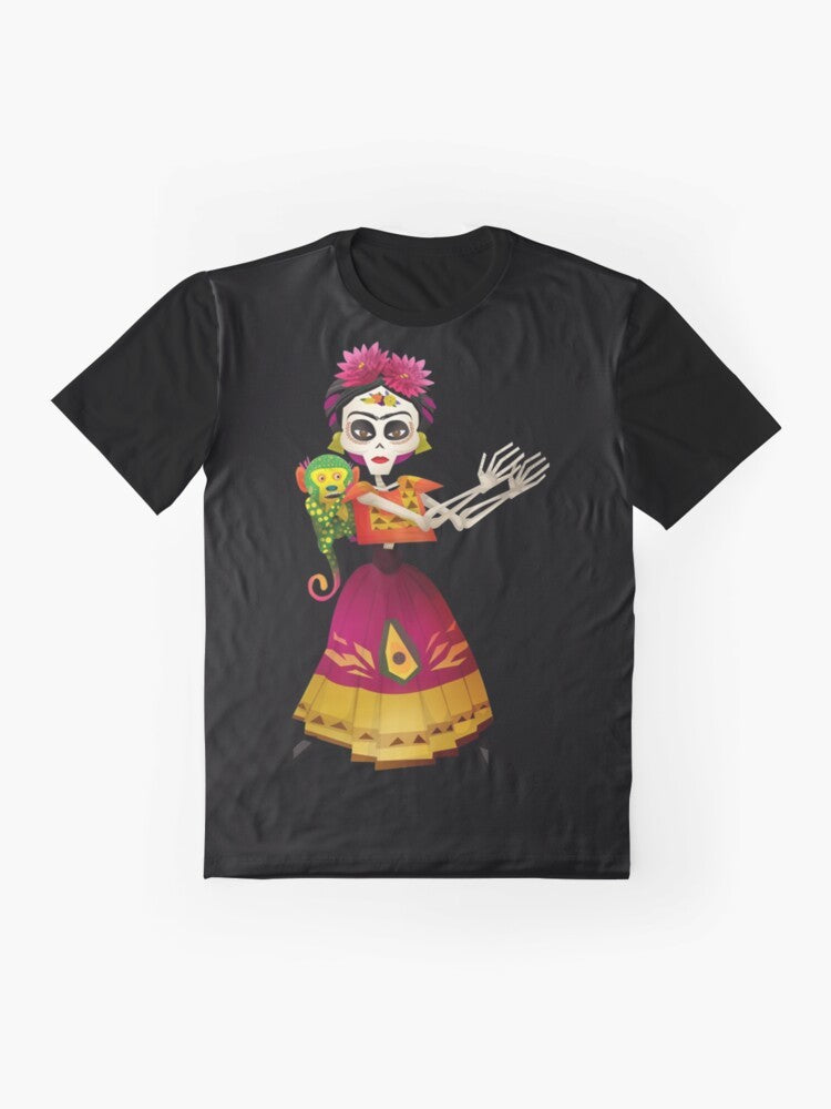 Frida Kahlo Graphic T-Shirt featuring Mexican cultural elements like skeletons, guitars, and Dia de los Muertos imagery - Flat lay