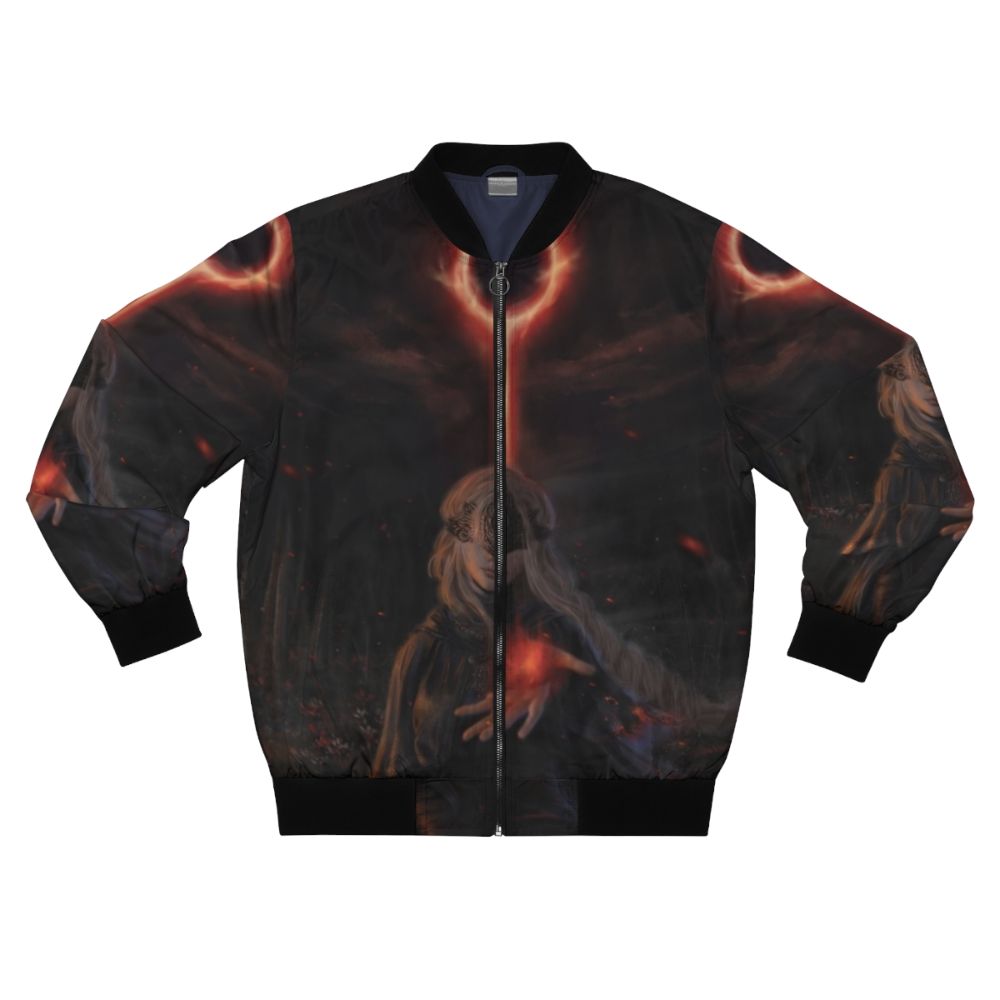 A bomber jacket inspired by the Fire Keeper character from the Dark Souls and Elden Ring video game franchises.