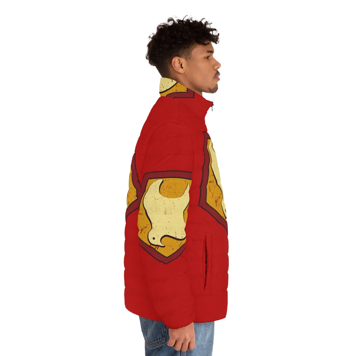 Peacemaker superhero puffer jacket with iconic emblem - men side right