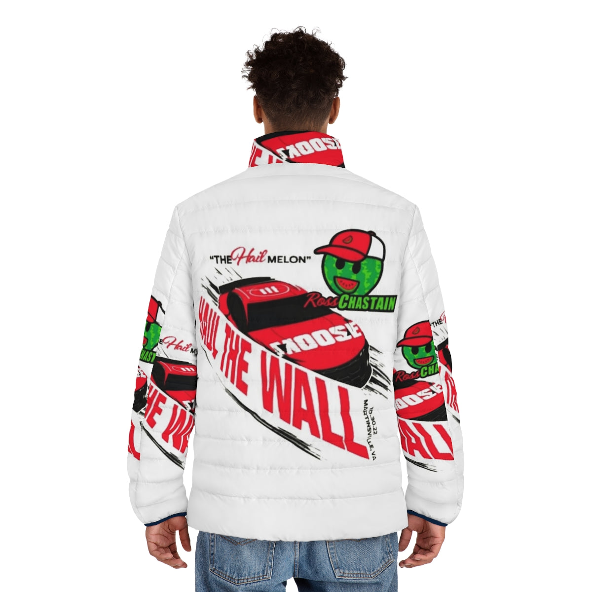 Ross Chastain wearing a puffer jacket with the "Haul the Wall, Hail Melon" design - men back