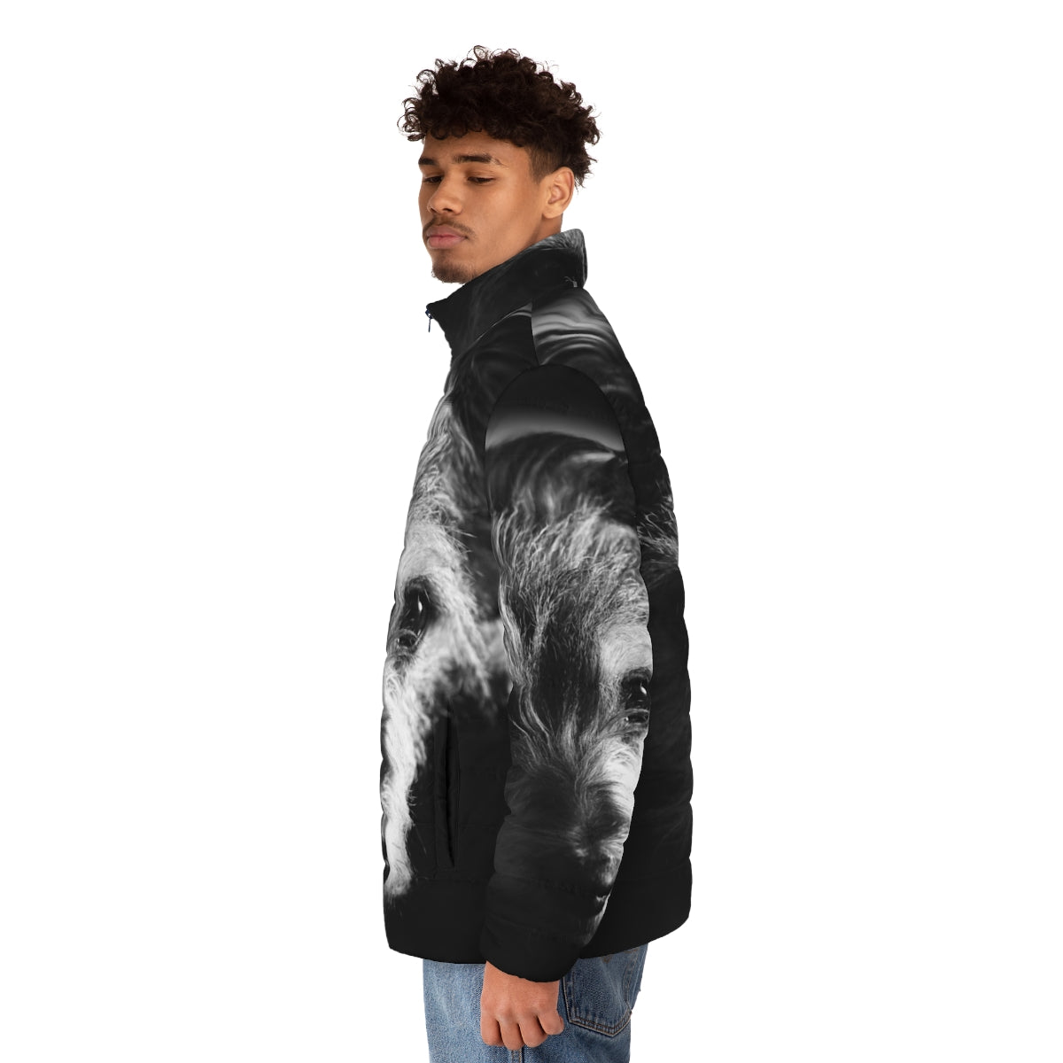 Black and white terrier dog wearing a stylish puffer jacket - men side left