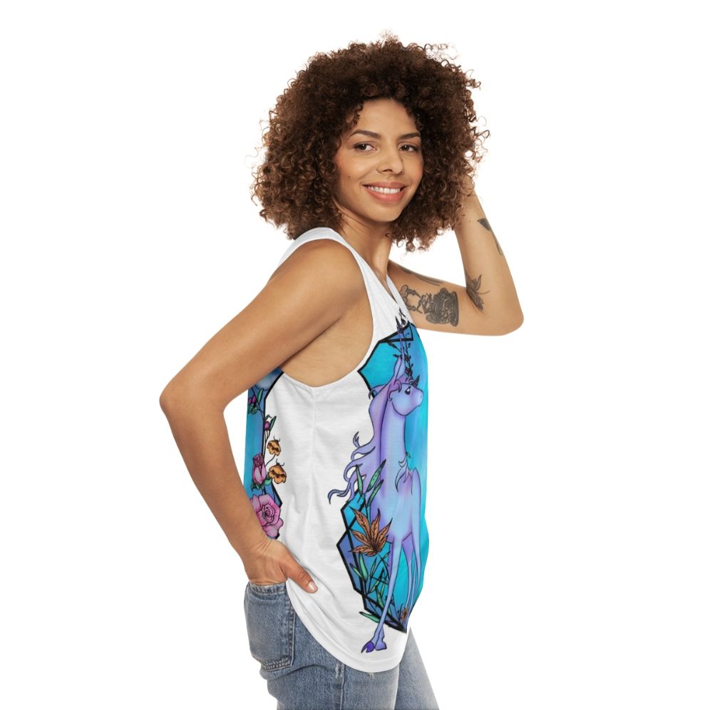 The Last Unicorn Unisex Tank Top with Watercolor Unicorn Design - women side