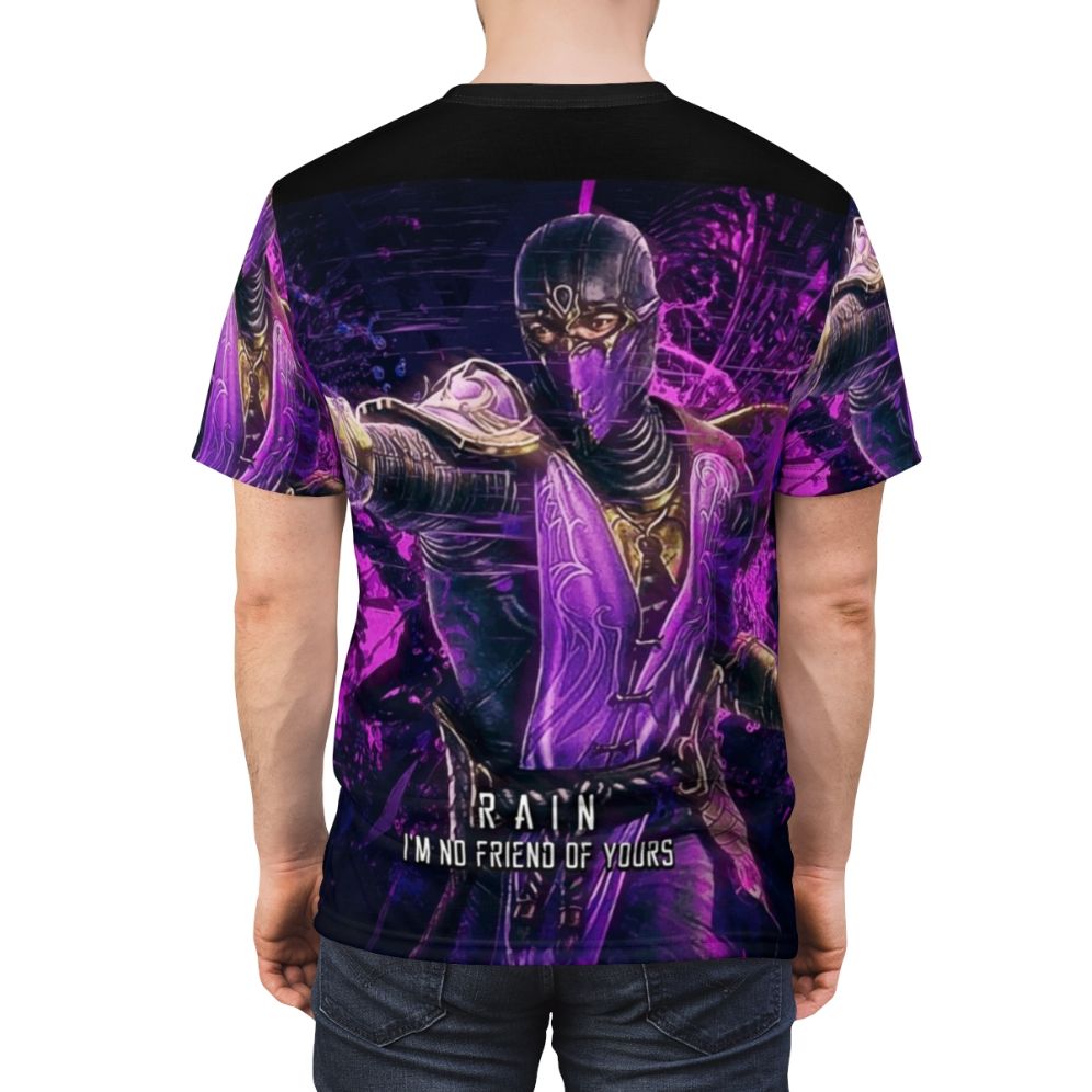 A colorful, abstract t-shirt design featuring iconic Mortal Kombat characters and imagery. - men back