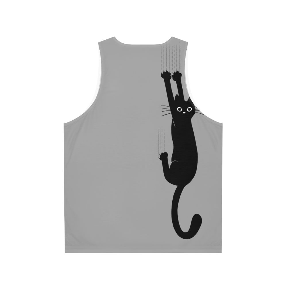 Black cat hanging on to tank top - Back