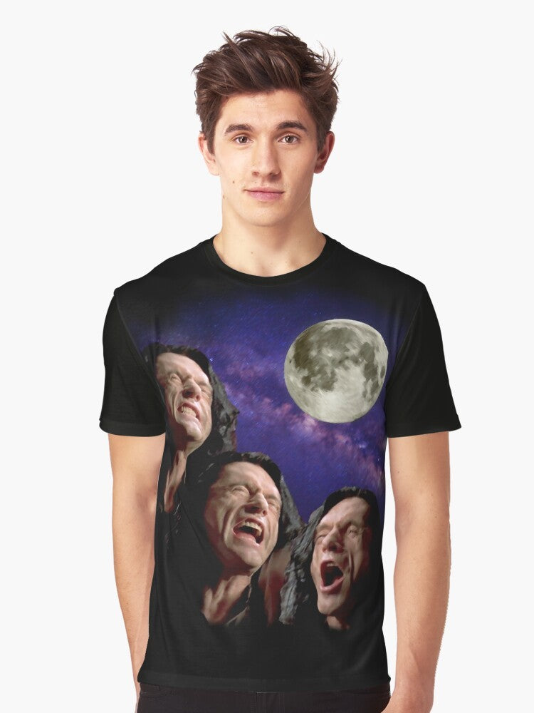 Tommy Wiseau's Three Wiseau Moon Graphic T-Shirt, featuring a parody of the classic "Three Wolf Moon" meme - Men