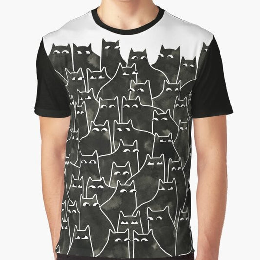 Suspicious cats graphic t-shirt with a black cat pattern in watercolor and ink style