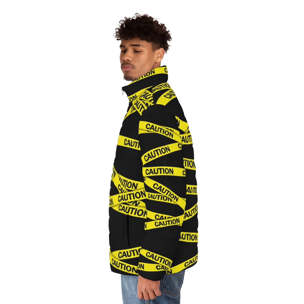 Caution tape puffer jacket with bold, high-visibility design - men side left