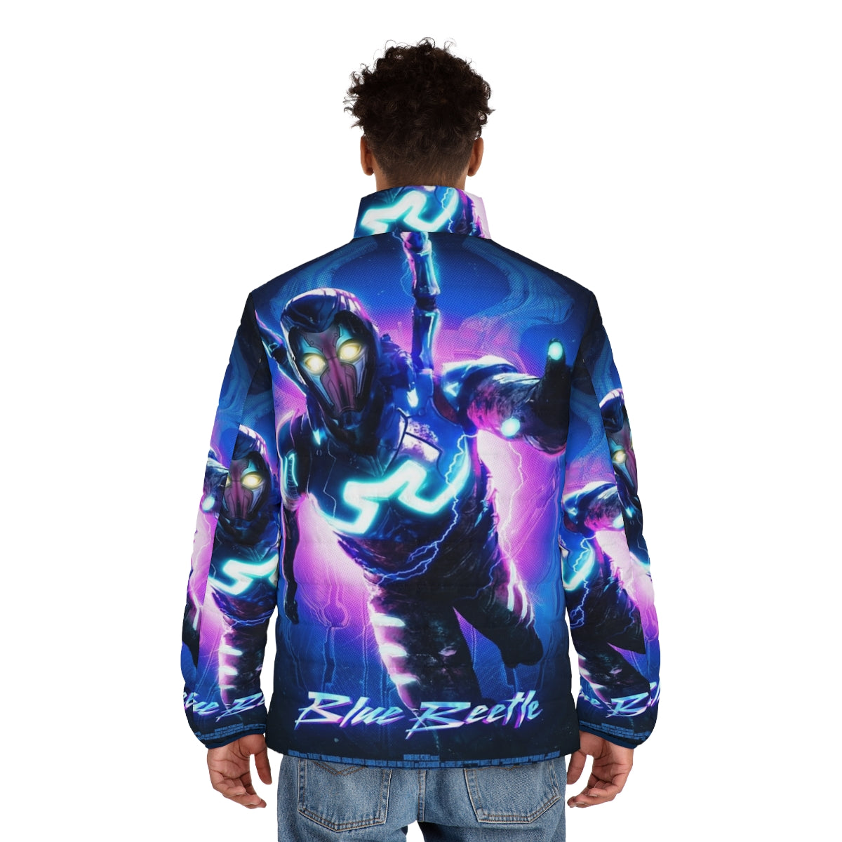 Blue Beetle Puffer Jacket featuring Jaime Reyes and the iconic Blue Beetle - men back