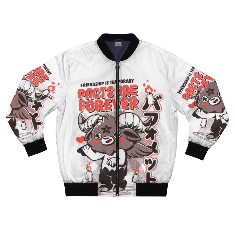 Retro horror-themed bomber jacket with baphomet, demon, and devil imagery