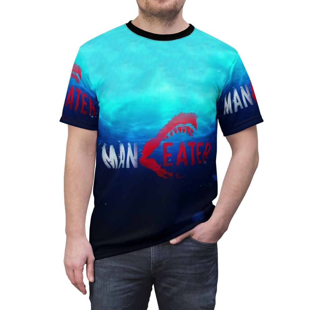 Maneater Themed Survival T-shirt with Shark Graphic - men front