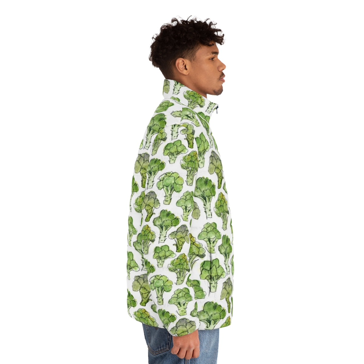 Watercolor broccoli pattern puffer jacket with floral and vegetable design - men side right