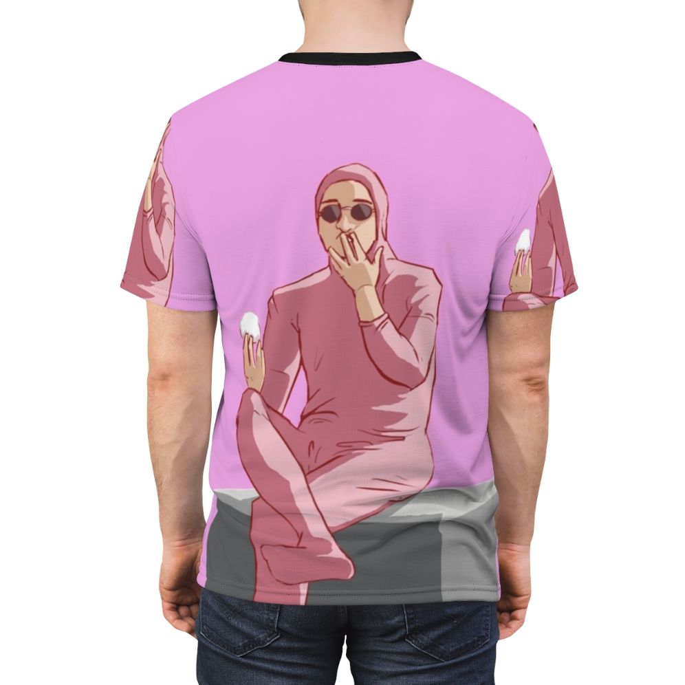 Colorful pink guy inspired graphic t-shirt with rice ball design - men back