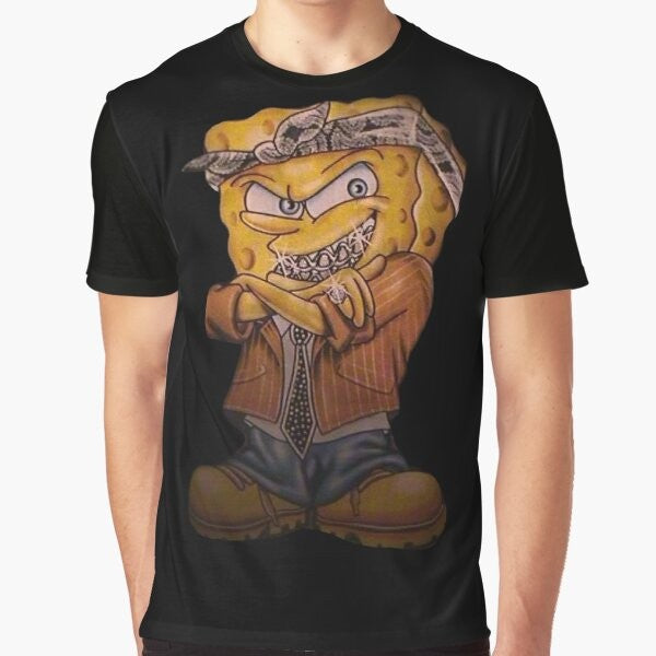 Spongebob Squarepants in a gangster-inspired outfit, wearing a tie, bandana, and grillz, with the text "Gangster Spongebob Graphic T-Shirt".