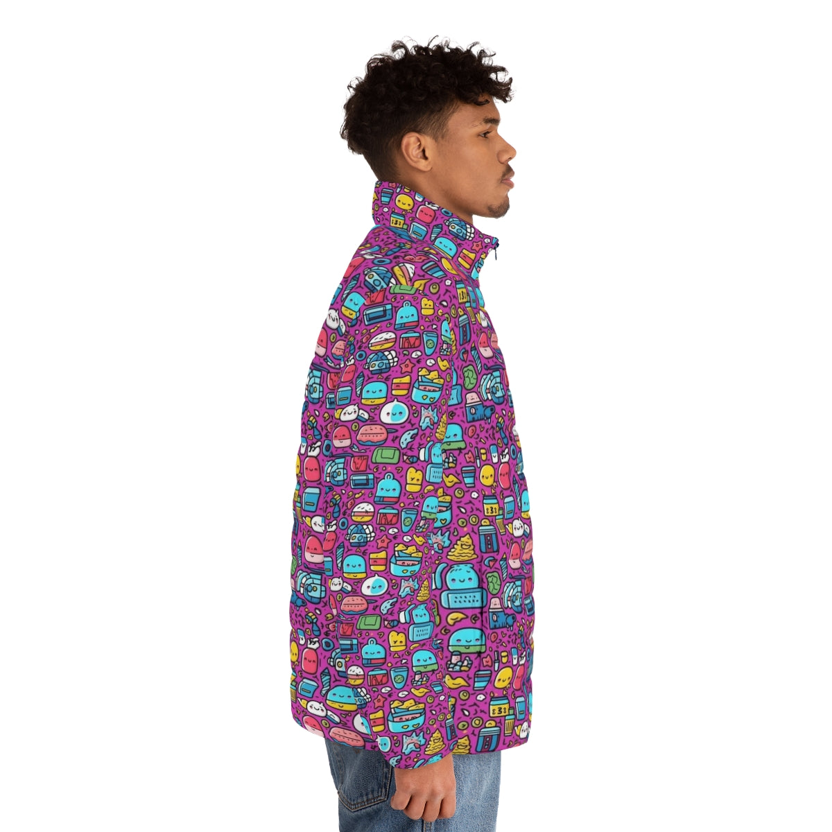 Hobbies cartoon puffer jacket with colorful zoo animal and fruit print - men side right