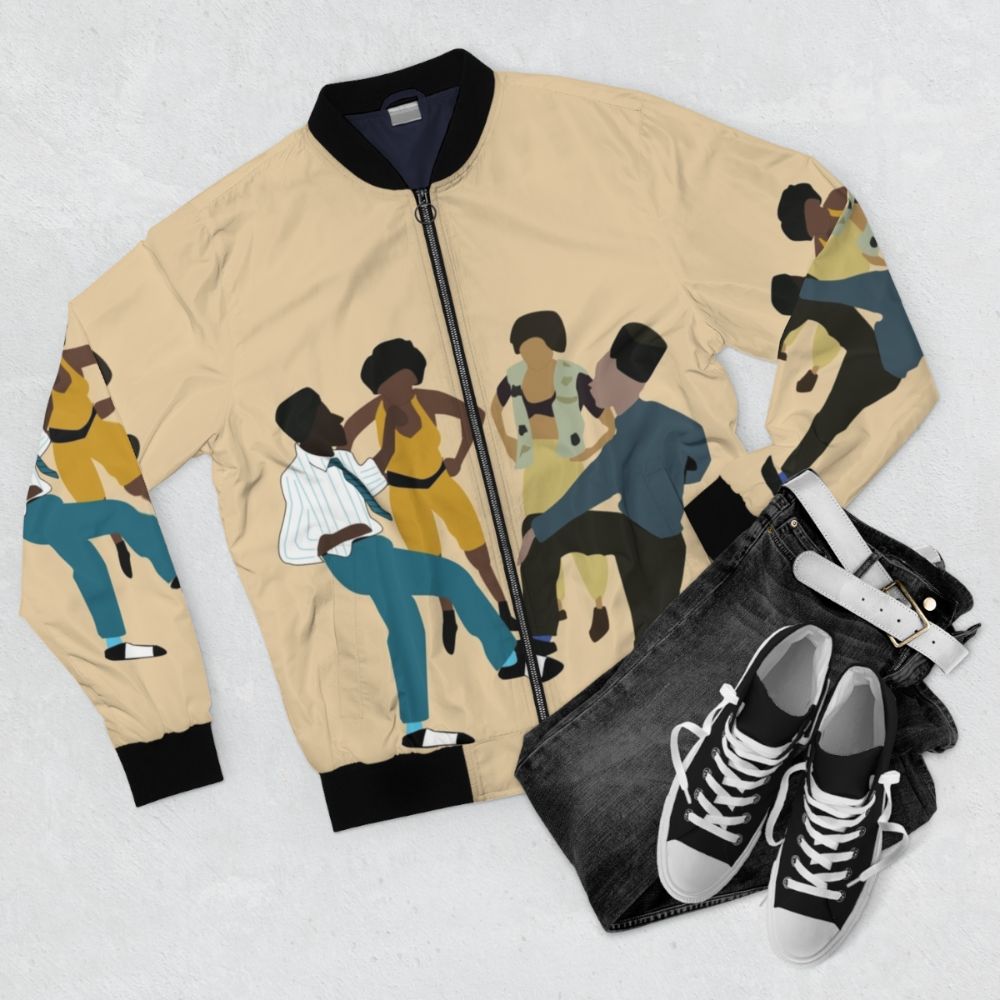 90s House Party Bomber Jacket featuring retro hip hop design - Flat lay