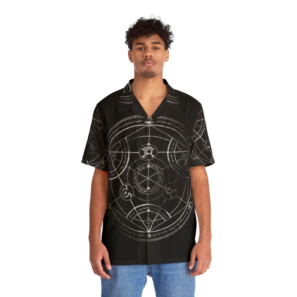 Fullmetal Alchemist inspired human transmutation circle chalk design on a Hawaiian shirt - People Front