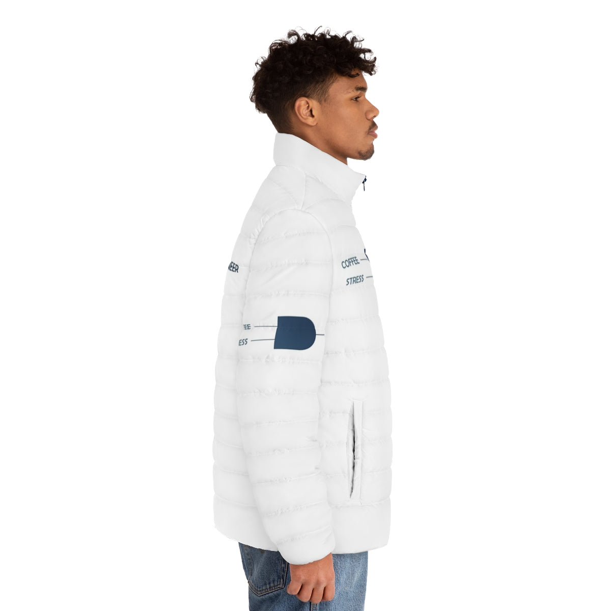 An image of a colorful and gate puffer jacket, a creative engineering-themed apparel item. - men side right