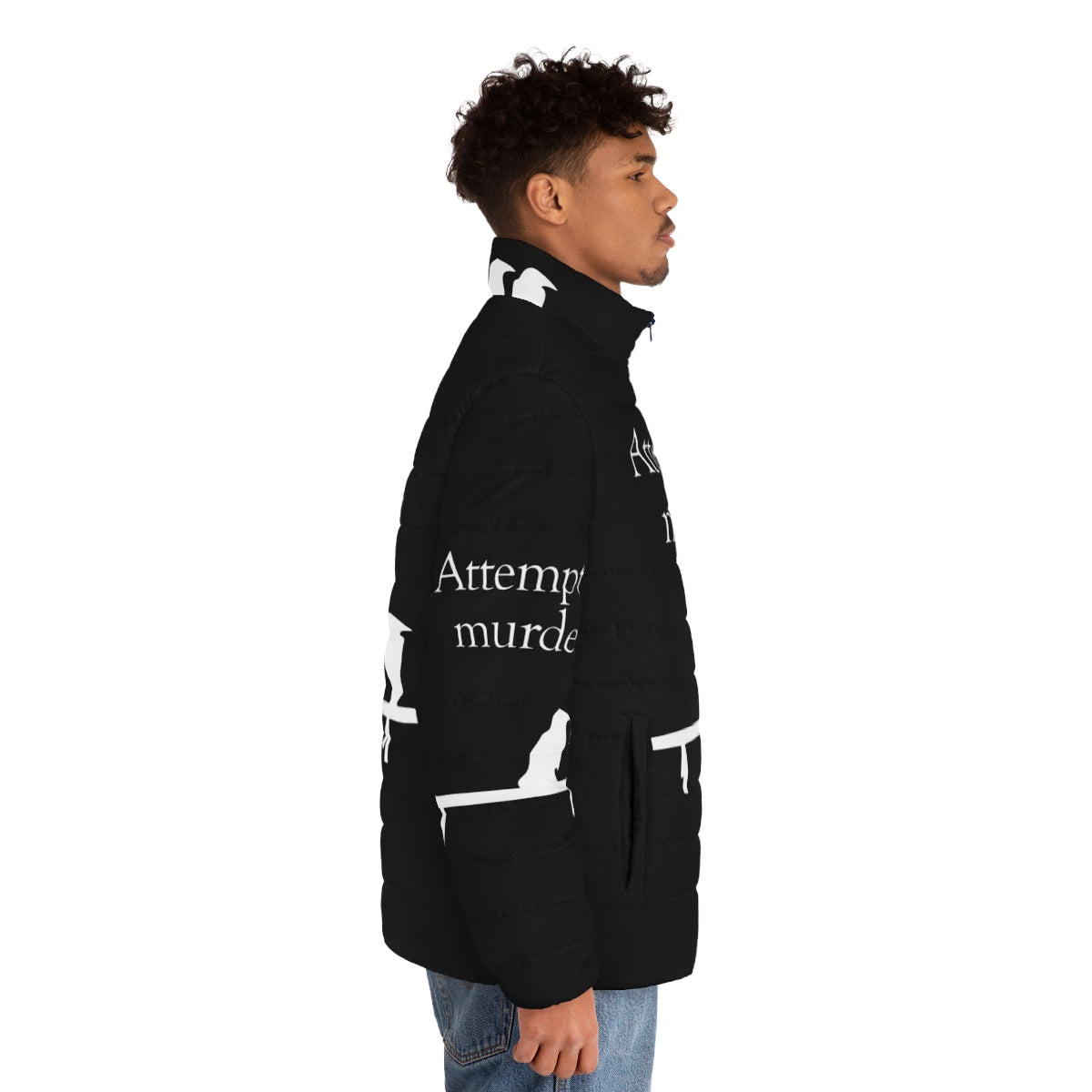 A white puffer jacket with a humorous "Attempted Murder" design featuring crows or birds. - men side right