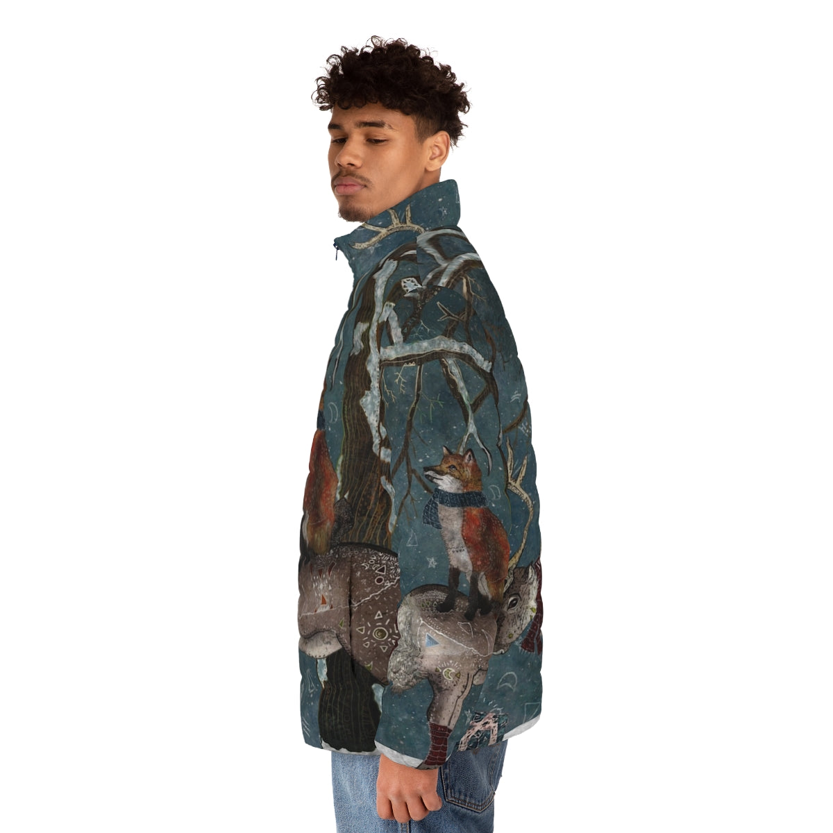 A blue puffer jacket with a snowy forest and wildlife design - men side left