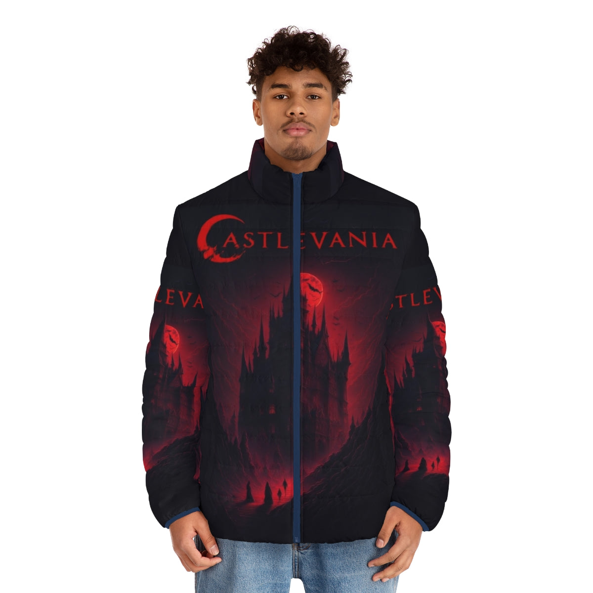 Netflix Castlevania World of Darkness Puffer Jacket featuring Alucard and Trevor Belmont - men front