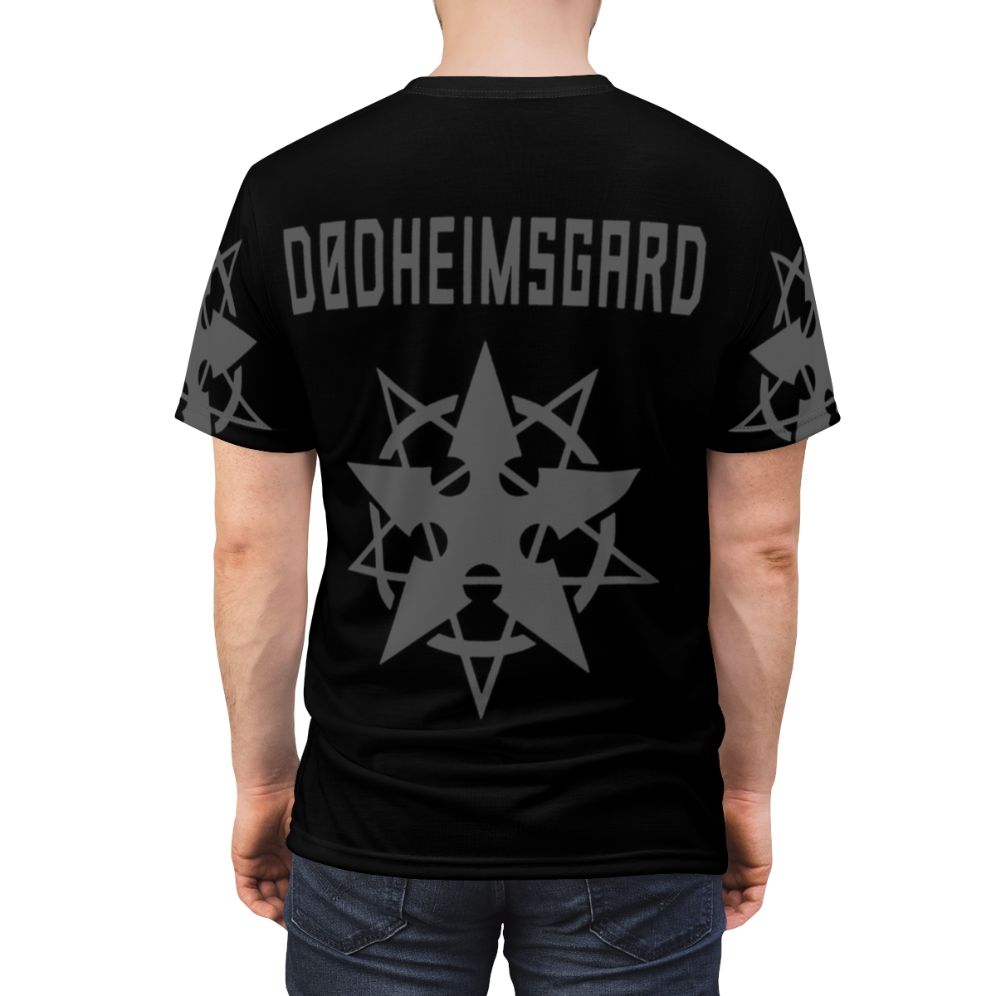 Black metal t-shirt with Dodheimsgard-inspired design for fans of heavy, dark, and experimental metal genres - men back