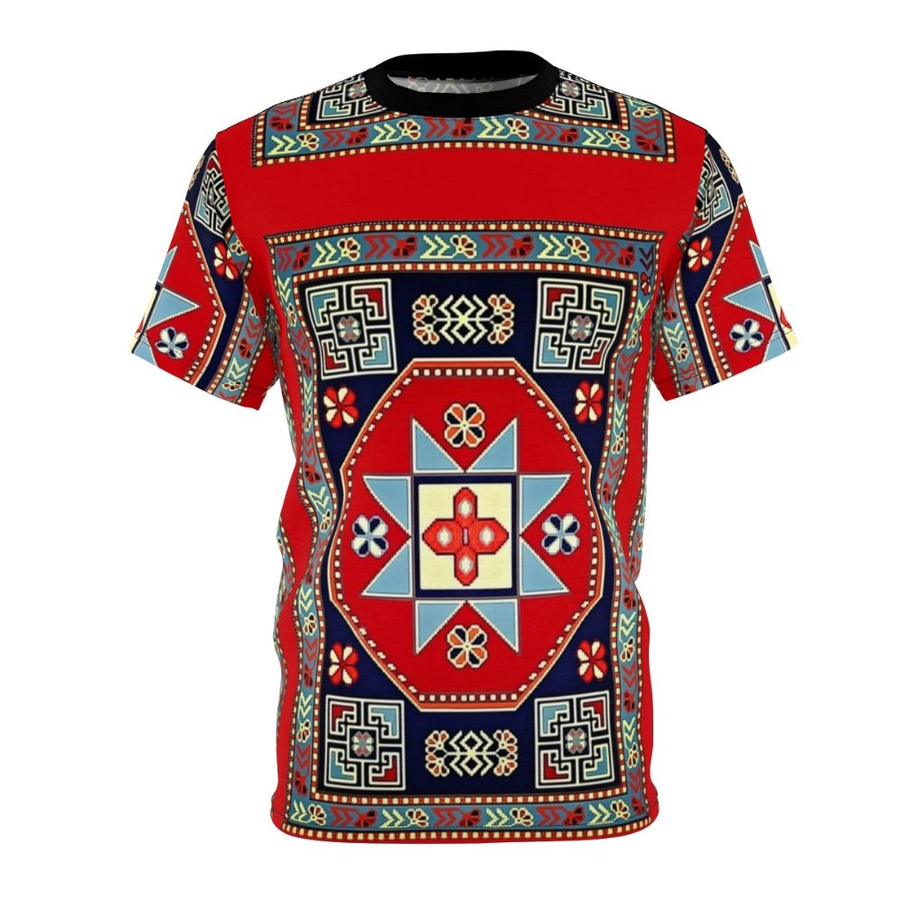 A t-shirt featuring a vibrant design inspired by traditional Armenian folk art