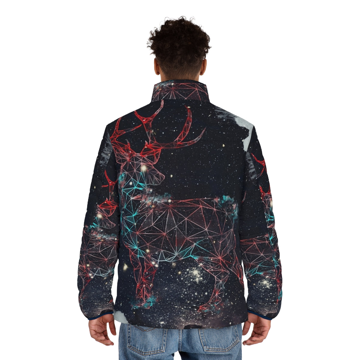 Celestial deer puffer jacket with graphic galaxy and star design - men back