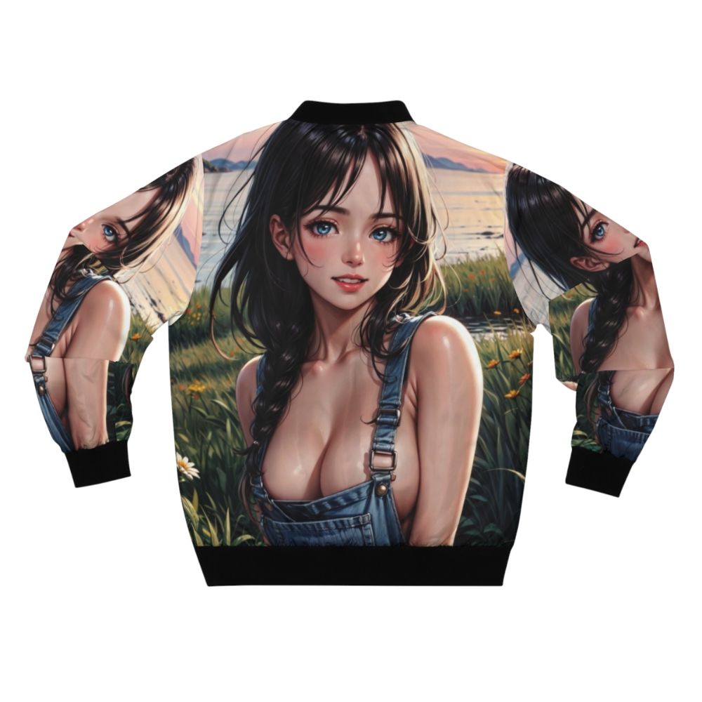 Anime pin-up girl Syun Kamakado 047 wearing a bomber jacket and picking wildflowers - Back