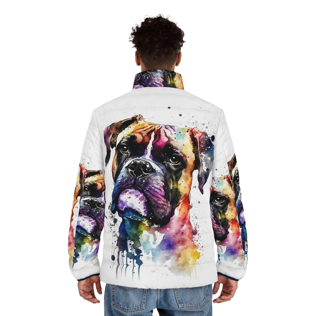 Colorful watercolor painting of a boxer dog - men back