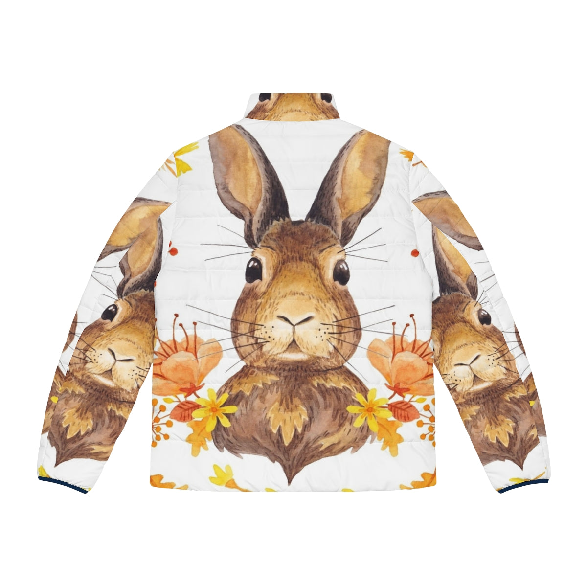 Autumn Bunny Puffer Jacket featuring cute rabbit print and fall foliage - Back