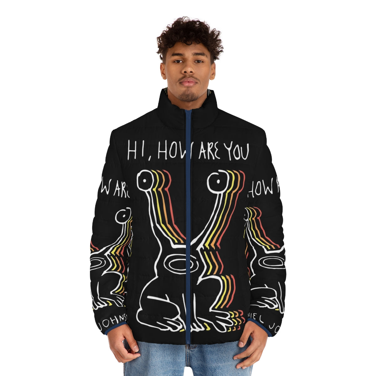 Hi How Are You Inspired Puffer Jacket with Daniel Johnston Artwork - men front