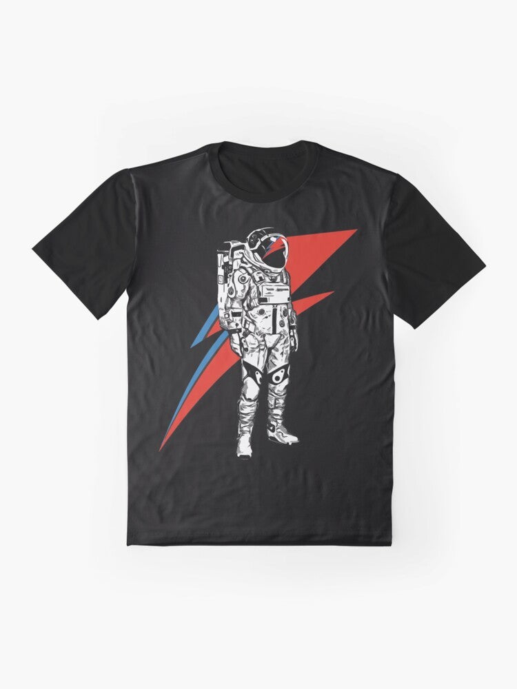 David Bowie music legend graphic t-shirt featuring iconic Bowie imagery like Ziggy Stardust, Starman, and Aladdin Sane. - Flat lay