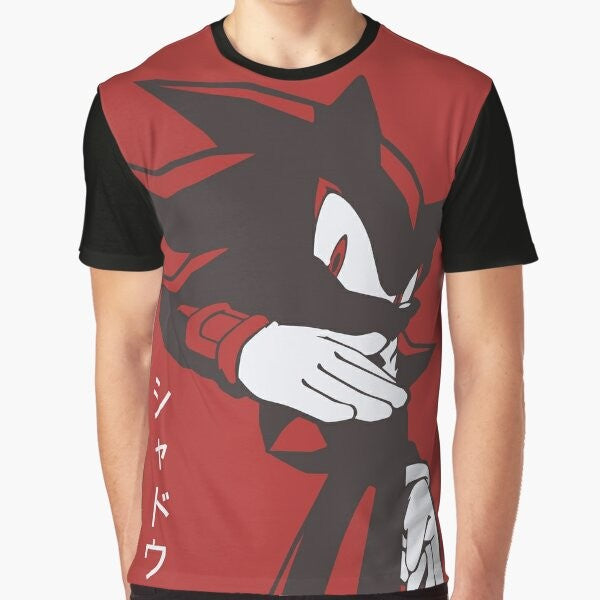 Shadow Hedgehog anime manga style graphic t-shirt with red background